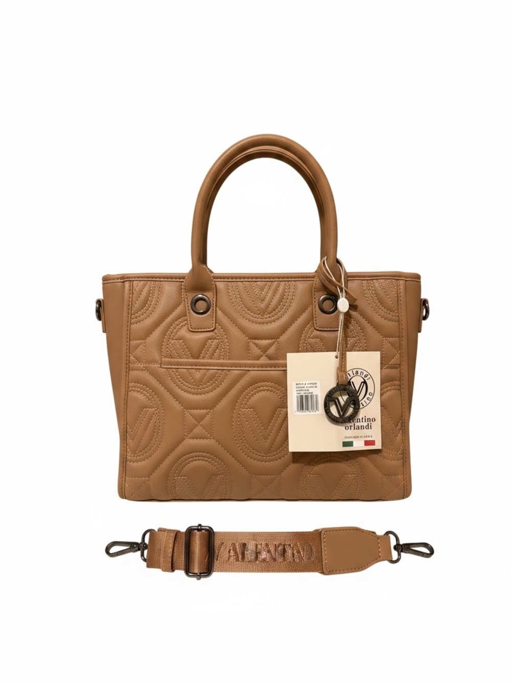 Valentino Orlandi Cognac Quilted Tote with Detachable Strap & Coin Pouch